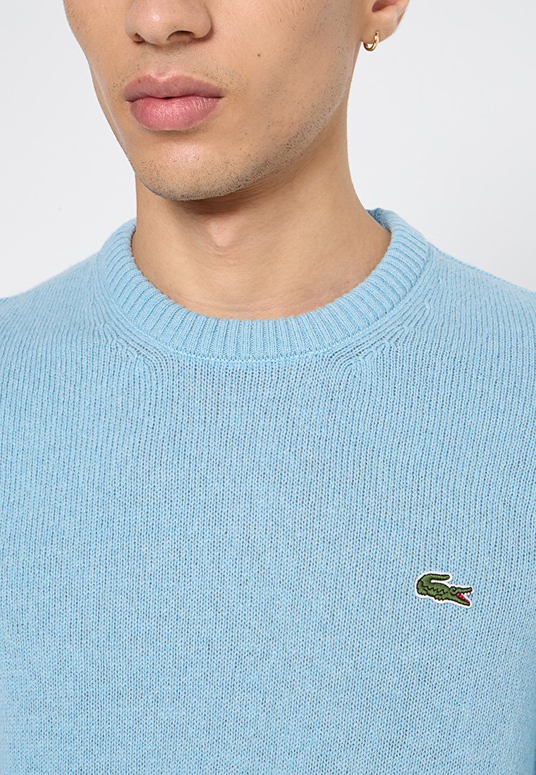 Pull en maille bleu clair avec un col rond, des bords côtelés et un petit logo de crocodile vert sur la poitrine gauche.