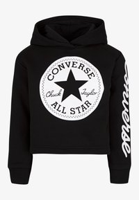 Black cropped hoodie made of cotton featuring a large white circular logo with a star and text, and white lettering along the sleeve.
