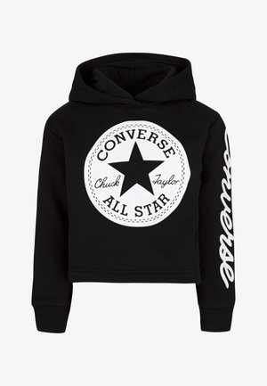 Sweatshirt preto cropped feito de algodão, apresentando um grande logótipo circular branco com uma estrela e texto, além de letras brancas ao longo da manga.