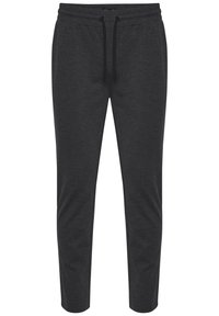 Dark grey jogger pants made from soft fabric, featuring an elastic waistband with a drawstring and tapered legs.