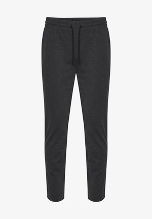 Donkergrijze joggingsbroek van zachte stof, met een elastische tailleband en een trekkoord, en taps toelopende broekspijpen.