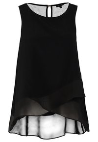 Top nero senza maniche con un design a strati, caratterizzato da un tessuto morbido, scollo rotondo e chiusura sul retro a occhiello. Dettaglio trasparente sull'orlo.