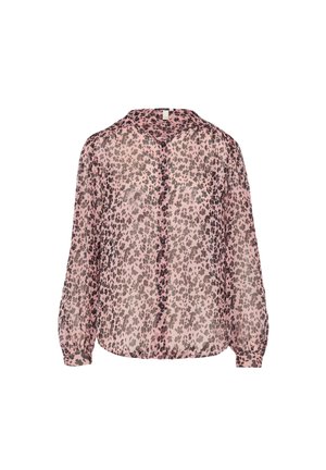 Blouse rose transparente avec imprimé léopard, fermeture à boutons, manches longues bouffantes et ourlet arrondi. Le tissu a une texture légère et fluide.