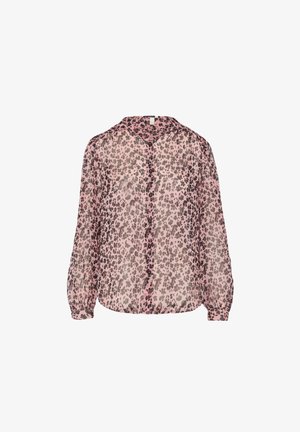 Blouse rose transparente avec imprimé léopard, fermeture à boutons, manches longues bouffantes et ourlet arrondi. Le tissu a une texture légère et fluide.
