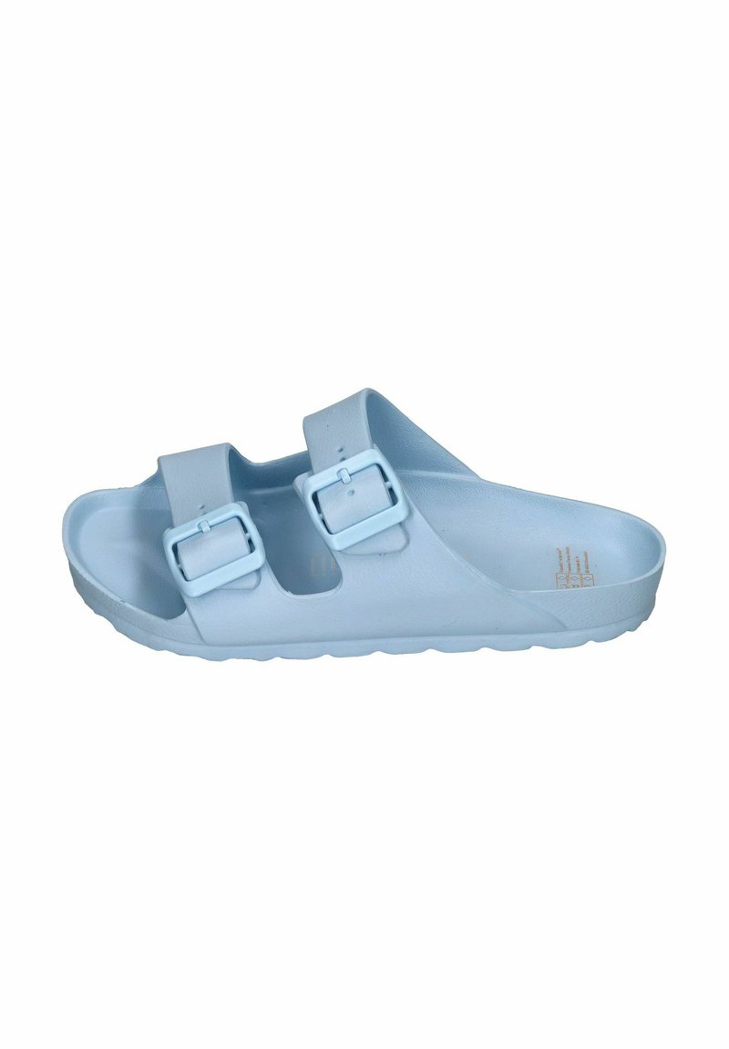 Blue two-strap sandal made of smooth material, featuring adjustable buckles, a contoured footbed, and a textured outsole.