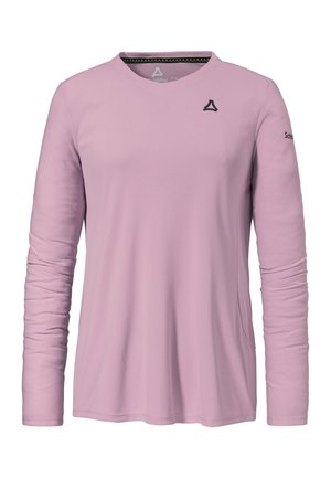Helllila Langarmshirt mit Rundhalsausschnitt, kleinem schwarzem Logo auf der Brust und Markenschriftzug auf dem linken Ärmel.