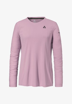 Helllila Langarmshirt mit Rundhalsausschnitt, kleinem schwarzem Logo auf der Brust und Markenschriftzug auf dem linken Ärmel.