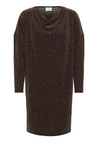 Pruun kaelusega kleit pikkade varrukatega, millel on läikiv, tekstuuriga kangas, mis on kõikjal kaetud metalliliste aktsentidega.