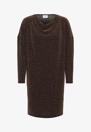 Brun klännings med polokrage och långa ärmar, i ett skimrande, strukturerat tyg med metalliska accenter över hela plagget.