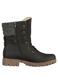 Bota de cuero negra con un suave cuello de tejido gris, cremallera lateral y suela de goma marrón con patrones de tracción. Frente ajustable con cordones.