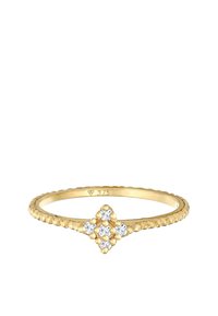 Goldring mit einem strukturierten, perlenbesetzten Band. Zentrales, diamantförmiges Design mit fünf kleinen klaren Steinen, die in einem goldenen Rahmen eingefasst sind.