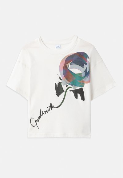 Hvit kortermet t-skjorte med et fargerikt rosegrafikk i nyanser av blått, rosa og grønt, med "Paul Smith" trykket i svart.