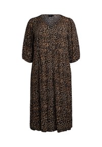 Šaty s leopardím potiskem z lehkého materiálu, s výstřihem do V, tříčtvrtečními rukávy a volným střihem. Hnědo-černá barevná kombinace.