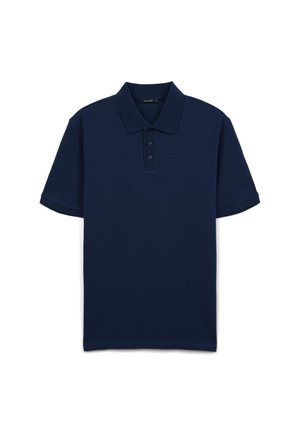 Polo blu navy realizzato in tessuto texture. Presenta un colletto classico, pattina con tre bottoni e maniche corte.