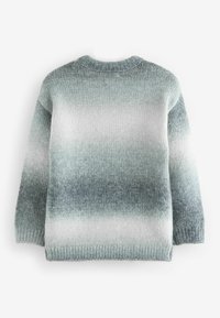 Sweter dzianinowy o gradientowym wzorze, z odcieniami jasnoszarego do ciemnego szmaragdowego. Okrągły dekolt i ściągacze. Miękka tekstura.