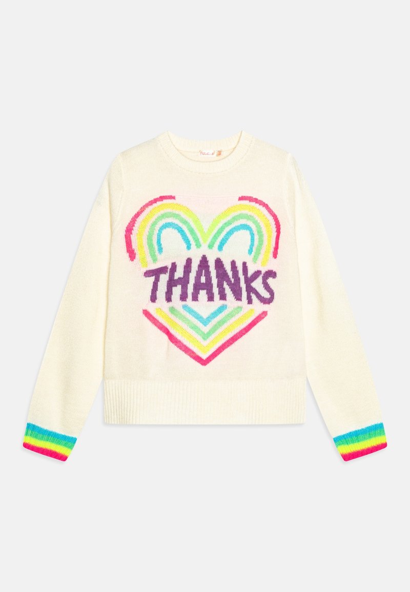 Maglione color crema con un design a cuore multicolore e la scritta "GRAZIE" in viola; presenta polsini a righe arcobaleno e un orlo a costine.