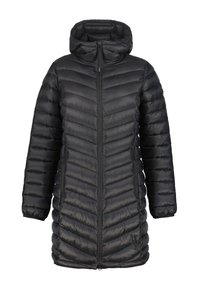 Abrigo acolchado negro con capucha, con cierre de cremallera en la parte delantera, diseño de acolchado en chevrón y dos bolsillos laterales. Fabricado en material ligero y resistente al agua.