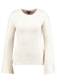 Crème-kleurige rib gebreide trui met een ronde hals, lange belmouwen en geometrische patronen. Gemaakt van zacht breimateriaal.