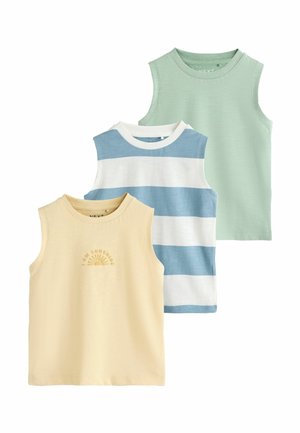 Trzy bezrękawniki dla małych dzieci w pastelowożółtym kolorze z napisem „Be Sunshine”, niebiesko-białe paski oraz jednolite pastelowo-zielone kolory.