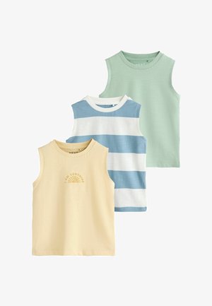 Drei ärmellose Kleinkind-Oberteile in Pastellgelb mit dem Text „Be Sunshine“, blau-weißen Streifen und einfarbigen pastellgrünen Farben.