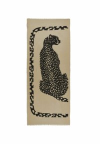 Écharpe beige avec une silhouette de léopard noir dotée d'un motif pointillé, bordée d'un design complexe en noir. Tissu doux avec des bords effilochés.