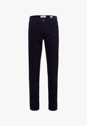 Dunkelblaue Jeans mit geradem Schnitt, fünf Taschen, Knopfverschluss vorne und dezenten Nahtdetails entlang der Nähte.