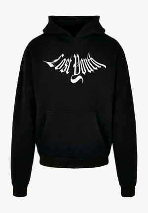 Fekete kapucnis pulóver pamutból, elülső zsebbel és egy nagy fehér "Lost Youth" grafikai mintával, amely díszes betűtípussal van elhelyezve a mellkason.