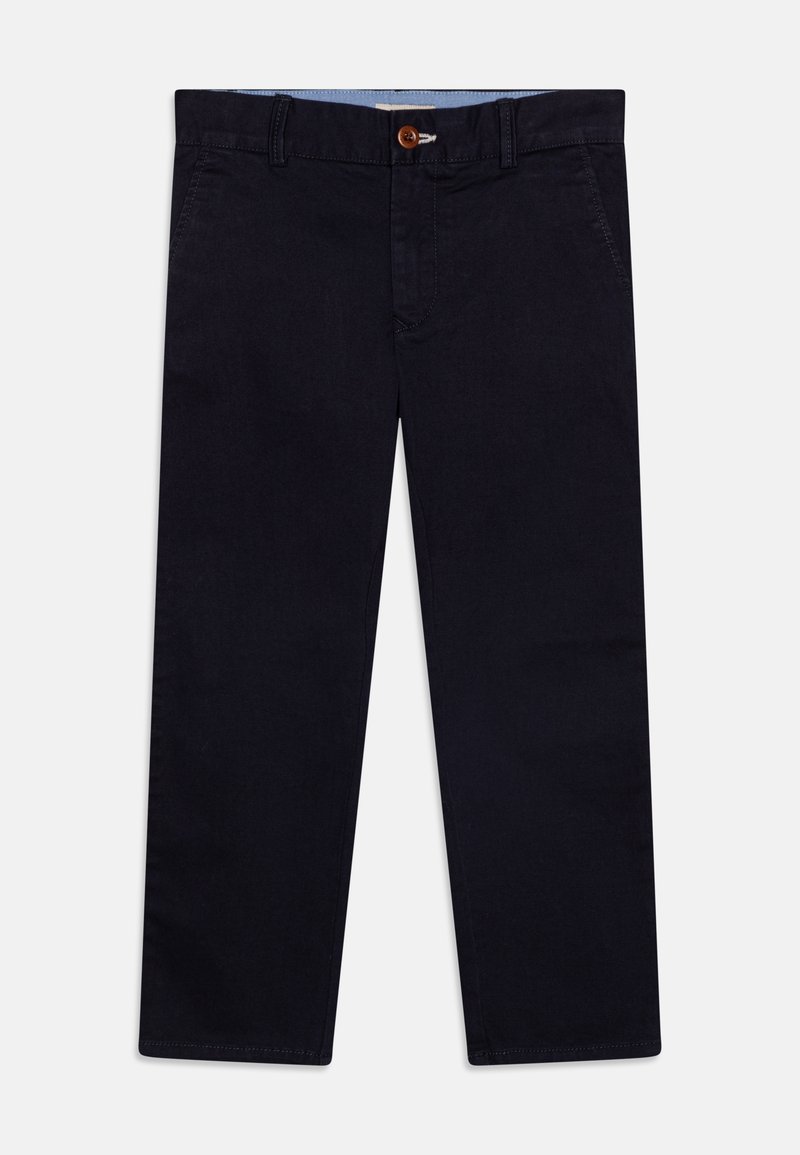 Pantalon bleu marine à jambes droites avec passants pour ceinture, bouton à l'avant, braguette zippée et poches latérales, présenté sur un fond blanc.