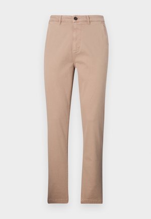 Beige chinos made of cotton blend, featuring a straight leg design, front pockets, and a single button closure. Smooth texture.