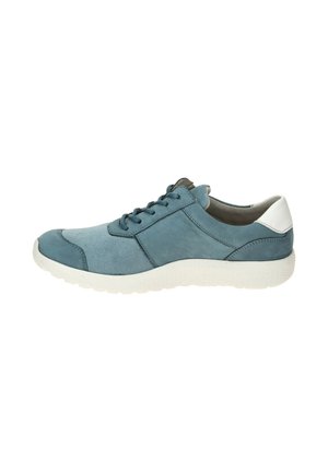 Lässiger blau-grauer Schnürsneaker mit weißer gepolsterter Sohle und weißem Fersenakzent, von der Außenseite auf neutralem Hintergrund gezeigt.