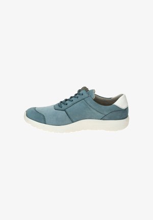 Lässiger blau-grauer Schnürsneaker mit weißer gepolsterter Sohle und weißem Fersenakzent, von der Außenseite auf neutralem Hintergrund gezeigt.