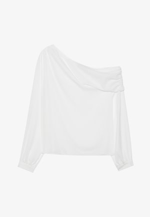 Valkoinen, yhden olkapään paita, jossa on pitkät, rypytetyt hihat ja drapeeraussuunnittelu. Sujuva, kevyt kangas, jossa on vähäinen tekstuuri.