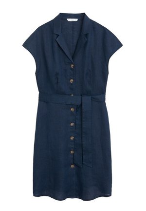 Robe bleu marine à manches courtes avec des boutons sur le devant, un col et une ceinture assortie en tissu à la taille.