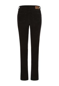 Zwarte corduroy broek met een slim fit, rechte pijpen en vijf-pocket ontwerp. Bevat een leren merkpatch op de achterzijde van de taille.
