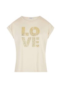 Crème kleurige t-shirt met korte mouwen met "LOVE" in grote, gouden, textuur letters. Zachte stof met een ontspannen pasvorm en een ronde hals.