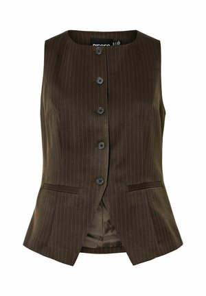 Bruine pinstripe gilet met een rechte snit, zes zwarte knopen en twee voorkanten zakken. Gelaagd stof met een gladde voering.