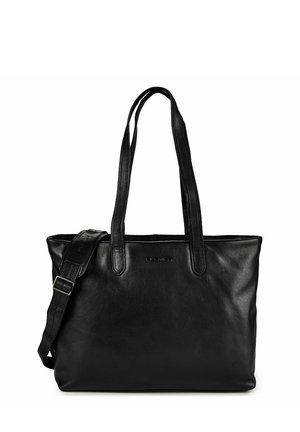 Bolso tote de cuero negro con dos asas largas y una correa de hombro ajustable, forma rectangular, textura suave.