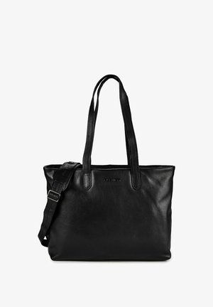 Schwarze Ledertasche mit zwei langen Henkeln und einem verstellbaren Schulterriemen, rechteckige Form, glatte Oberfläche.