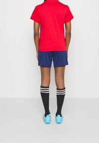 Röd kortärmad t-shirt, marinblå shorts, svarta knästrumpor med vita ränder och blå fotbollsskor med rosa detaljer. Vy från baksidan.