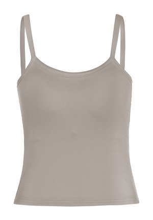 Beige ribbet tanktop med tynde skulderstropper og rund halsudskæring på hvid baggrund.