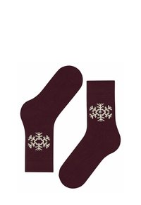 Bordowe skarpetki z teksturowanym splotem, z białymi wzorami śnieżynkami po zewnętrznych stronach. Krótkie, kostkowe skarpetki o wygodnym dopasowaniu.