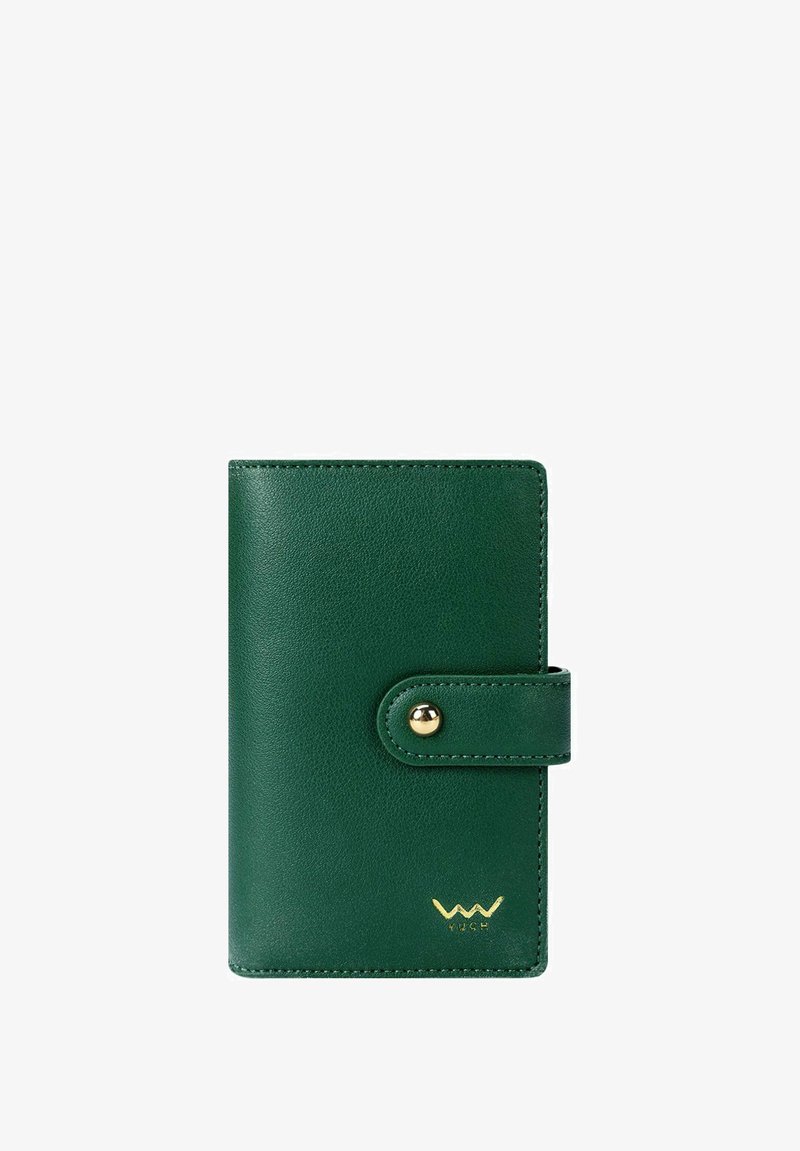 Green leather wallet with a smooth texture, snap closure, and gold hardware. Features a subtle logo and rounded corners.