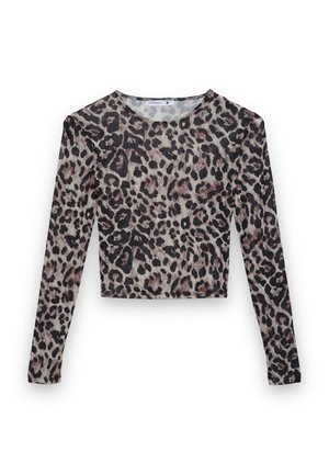 Top corto a maniche lunghe realizzato in tessuto leggero, con motivo leopardato nero e beige con sfumature di marrone.