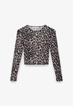 Top corto a maniche lunghe realizzato in tessuto leggero, con motivo leopardato nero e beige con sfumature di marrone.