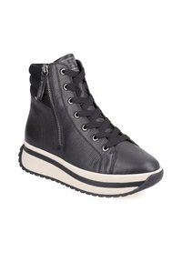 Black high-top sneaker featuring textured leather, lace-up front, side zipper, and a white platform sole with black accents and rubber tread.