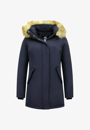 Donkerblauwe jas gemaakt van gladde stof, met een met bont gevoerde capuchon, twee zijzakken en drukknoopsluiting. Eenvoudig en functioneel ontwerp.