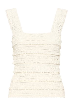 Haut sans manches couleur crème en crochet avec larges bretelles et couches horizontales texturées en dentelle.