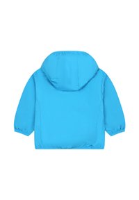Giacca a vento leggera di colore blu chiaro, realizzata in materiale liscio e leggero. Caratterizzata da polsini e orlo elasticizzati per una vestibilità aderente. Colore uniforme, senza fantasie.