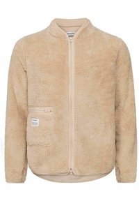 Beige Fleecejacke mit Reißverschluss vorne, Stehkragen und Seitentasche. Weicher Stoff, lockere Passform und detaillierte Nähte.