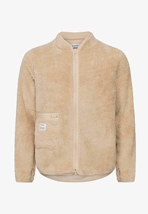 Beige Fleecejacke mit Reißverschluss vorne, Stehkragen und Seitentasche. Weicher Stoff, lockere Passform und detaillierte Nähte.